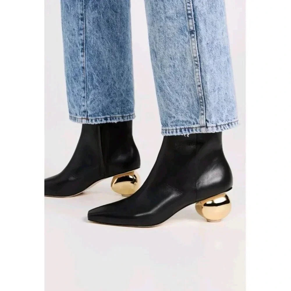 Cult Gaia Mari Black Leather Pointed Square Toe Bootie Knob Ankle Boots 40 10 - Picture 11 of 12